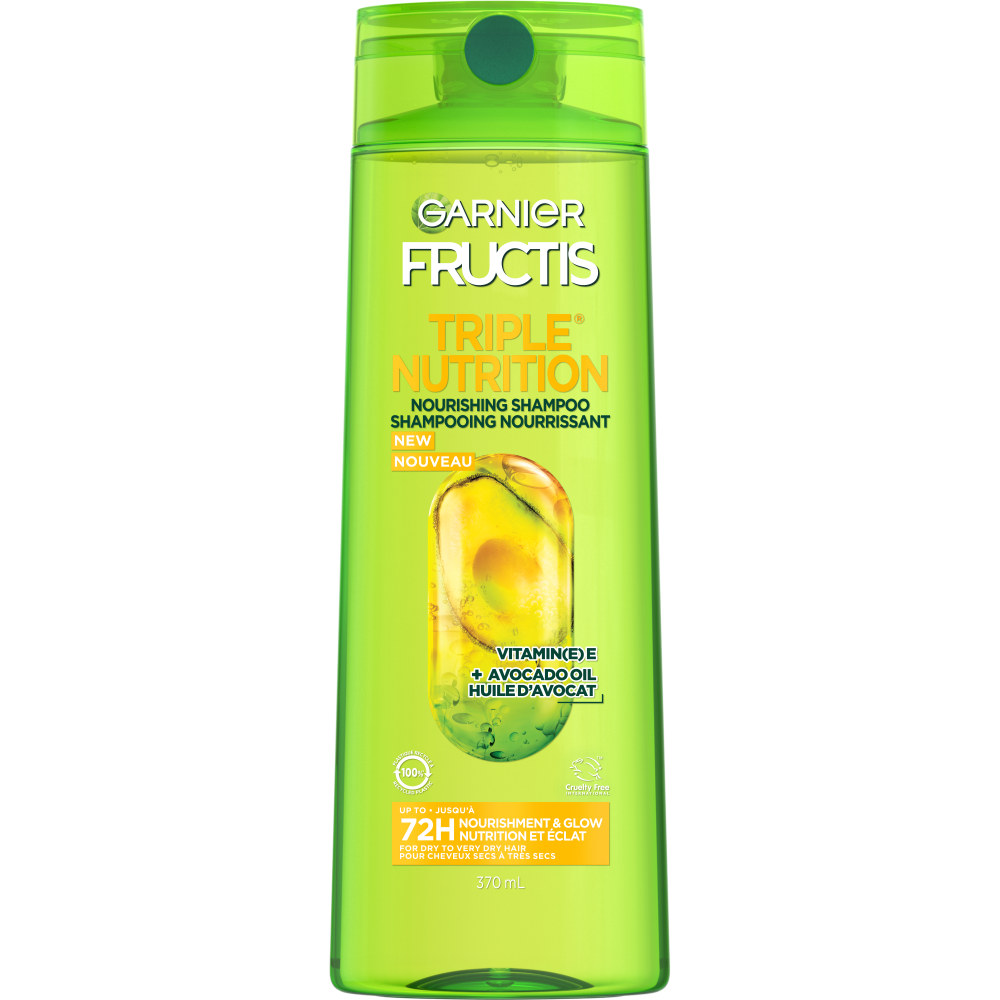 Garnier Fructis Triple Nutrition Nourishing Shampoo bottle for hair, with vibrant label and clear product branding.