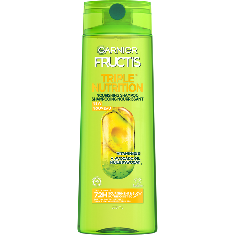 Garnier Fructis Triple Nutrition Nourishing Shampoo bottle for hair, with vibrant label and clear product branding.