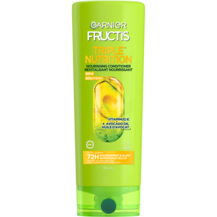 Garnier Fructis Triple Nutrition nourishing conditioner for hair, 12oz bottle with green and white packaging.