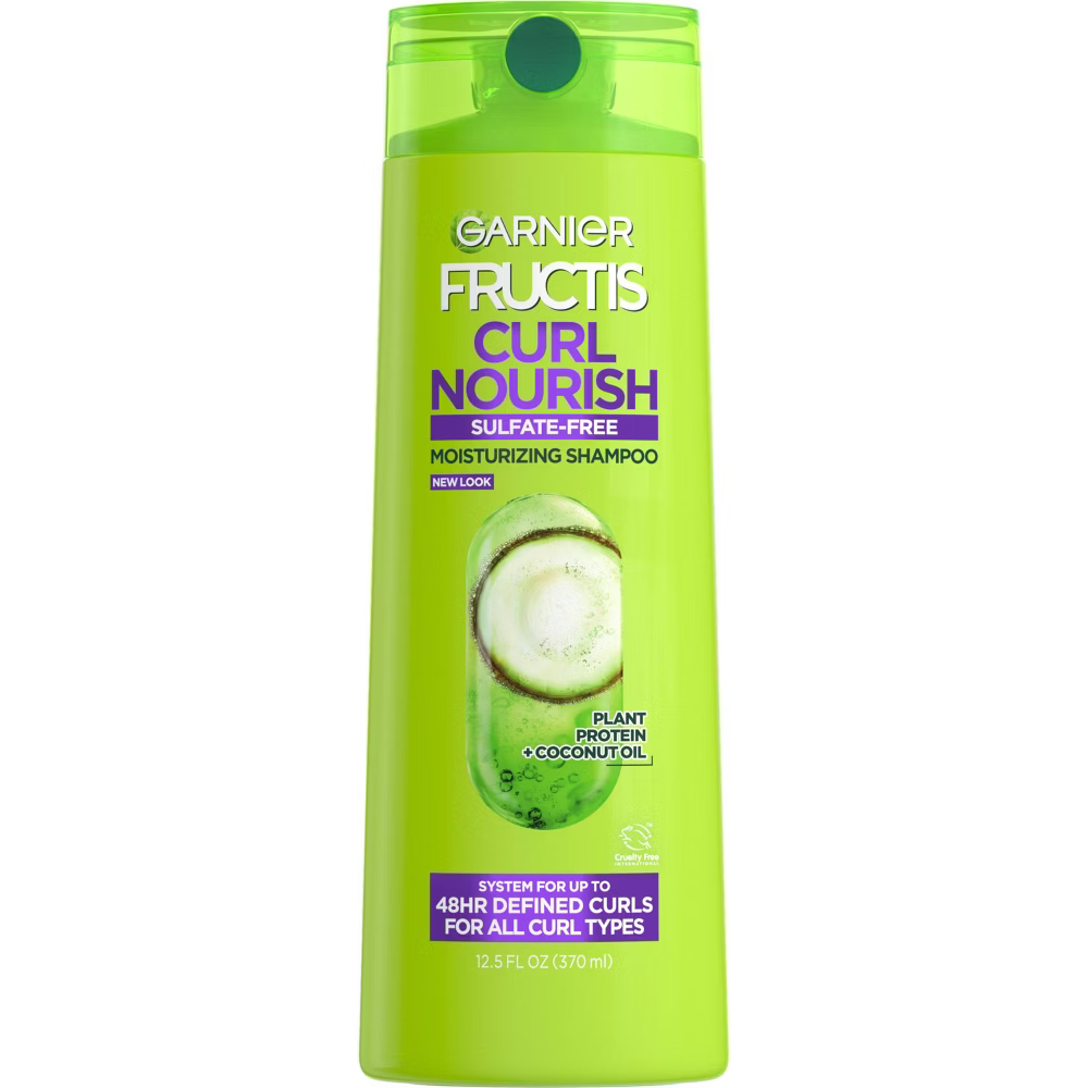Garnier Fructis Curl Nourish sulfate-free moisturizing shampoo bottle for curly hair, 12.5 oz, with colorful label and pump dispenser