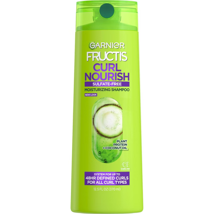 Garnier Fructis Triple Nutrition Curl Nourish Shampoo 12.5 oz, a nourishing shampoo for curly hair in a white bottle with green accents.
