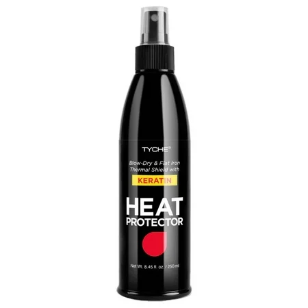 Tyche Black Heat Protector Spray with Keratin for hair, 8.45 oz, in a spray bottle, designed to shield hair from heat damage.