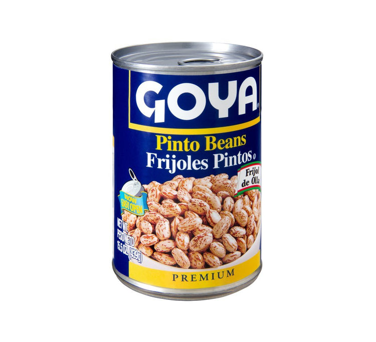 Canned Goya Pinto Beans (Habichuelas Pintas) in 15.5 oz can, showing the label and beans inside