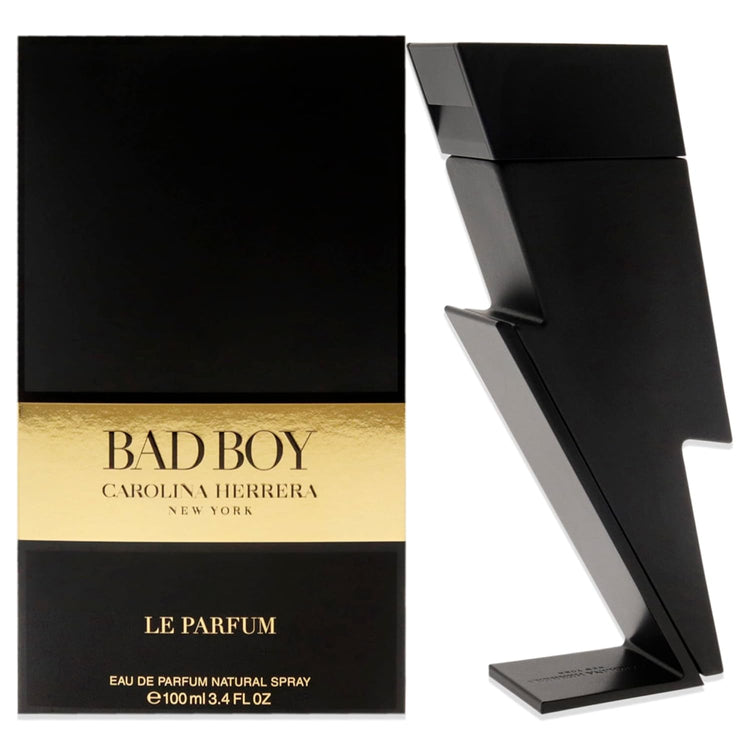 Carolina Herrera Bad Boy Eau de Parfum bottle, 3.4oz, with sleek black and silver design, displayed on a plain background.