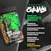 Vitamins and herbs supplement box labeled Mutant Big Greens with 30 servings, featuring green leafy design and nutritional info.