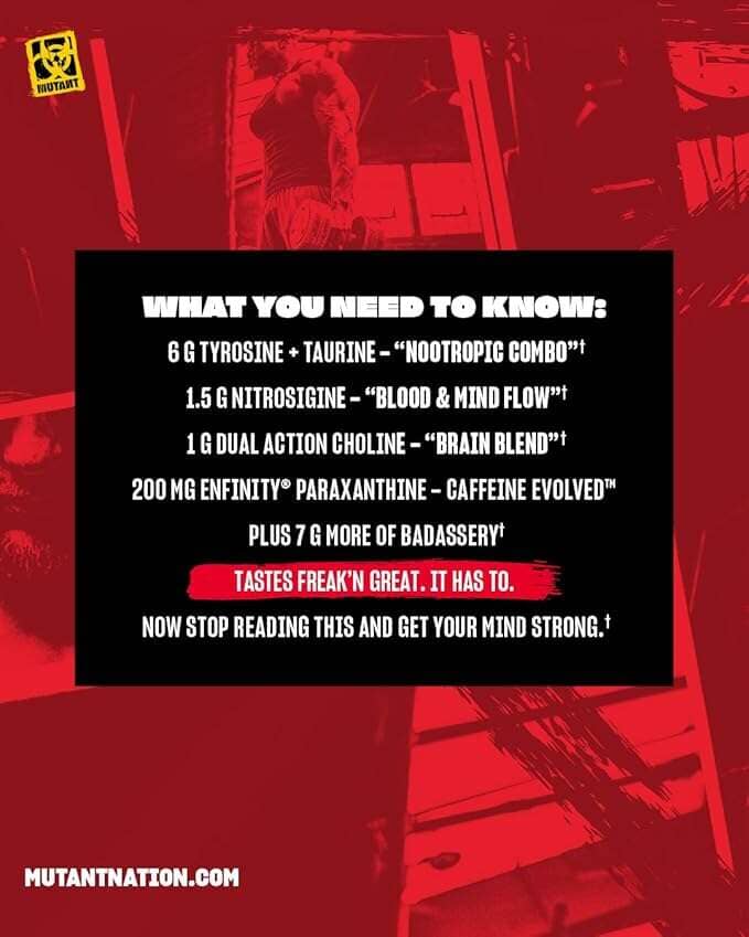 Pre-workout supplement Mutant MindFK by PoorBoySupplements.com in 20-serving container, featuring vibrant label and supplement details.