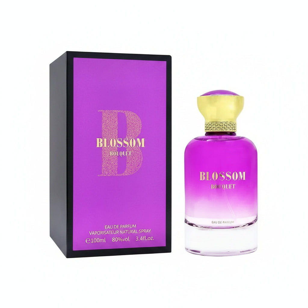 Bharara Blossom Bouquet fragrance for women by Farmacias Savia, 3.4oz, featuring floral perfume bottle with pink and purple accents.