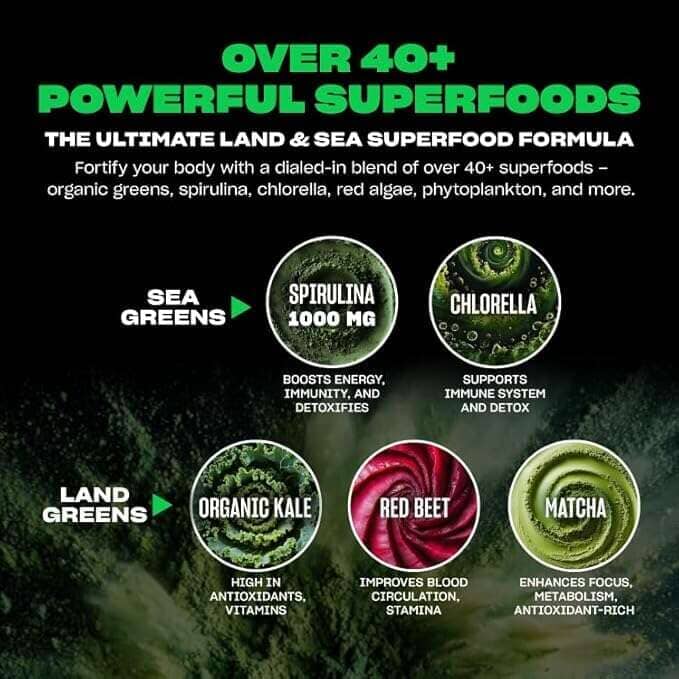 Bottle of Mutant Big Greens vitamins with 30 servings, featuring herbal supplement label and green-themed packaging.