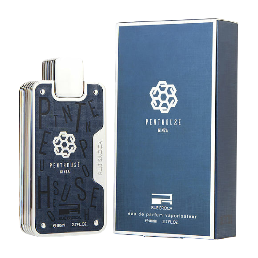 Aunisex Afnan Penthouse Ginza Rue Broca Eau de Parfum bottle with sleek design, 3.4oz size, on a neutral background.