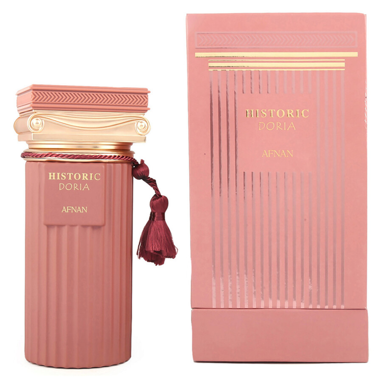 Aunisex Afnan Historic Doria Eau de Parfum bottle with elegant design, 3.4oz size, displayed on a neutral background.