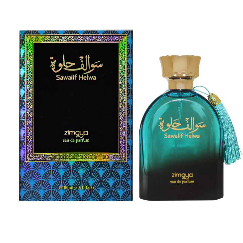 Afnan Zimaya Sawalif Helwa unisex perfume bottle with floral and woody notes, 3.4oz, displayed on a white background.