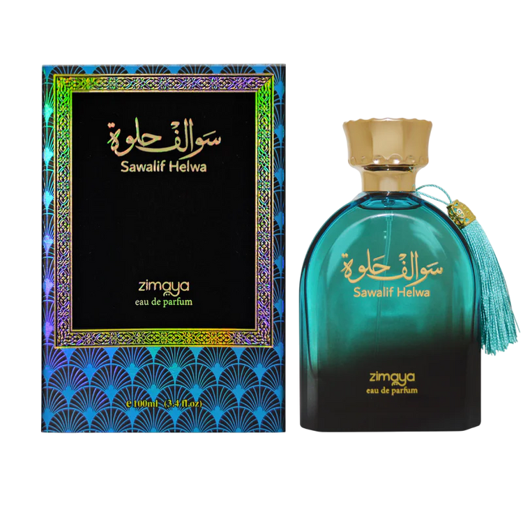 Afnan Zimaya Sawalif Helwa unisex perfume bottle with floral and woody notes, 3.4oz, displayed on a white background.