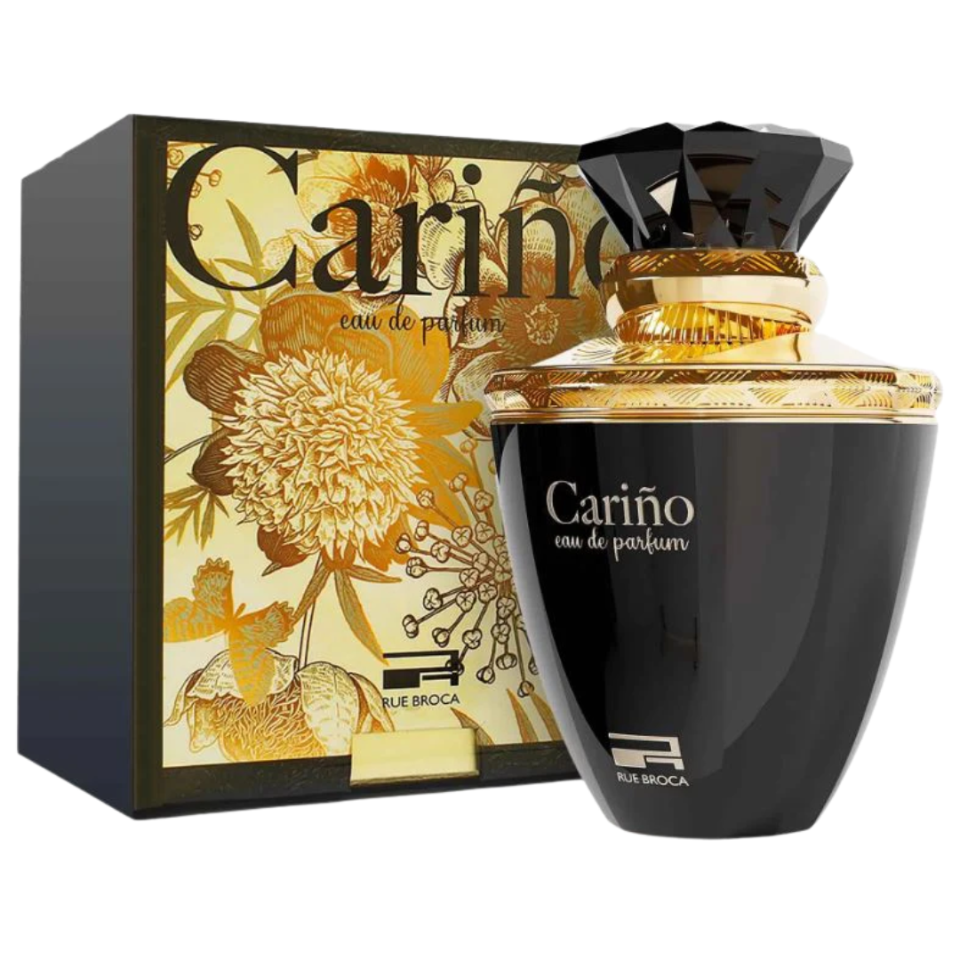 Cariño Black Afnan Rue Broca Eau de Parfum for men in 3.4oz bottle, featuring sleek black packaging and elegant perfume design