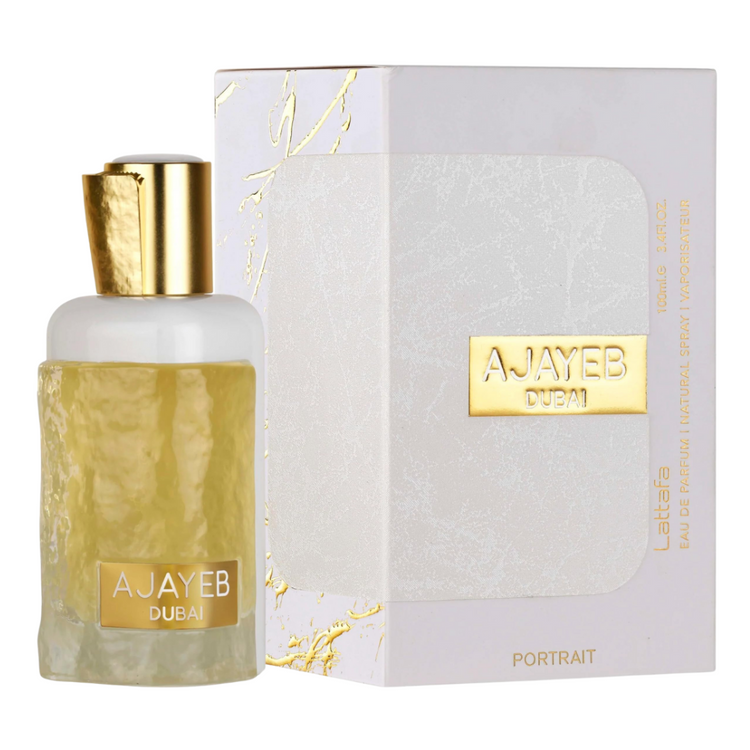 Lattafa Ajayeb Portrait unisex perfume spray bottle, 3.4oz, with elegant packaging and fragrance details visible.