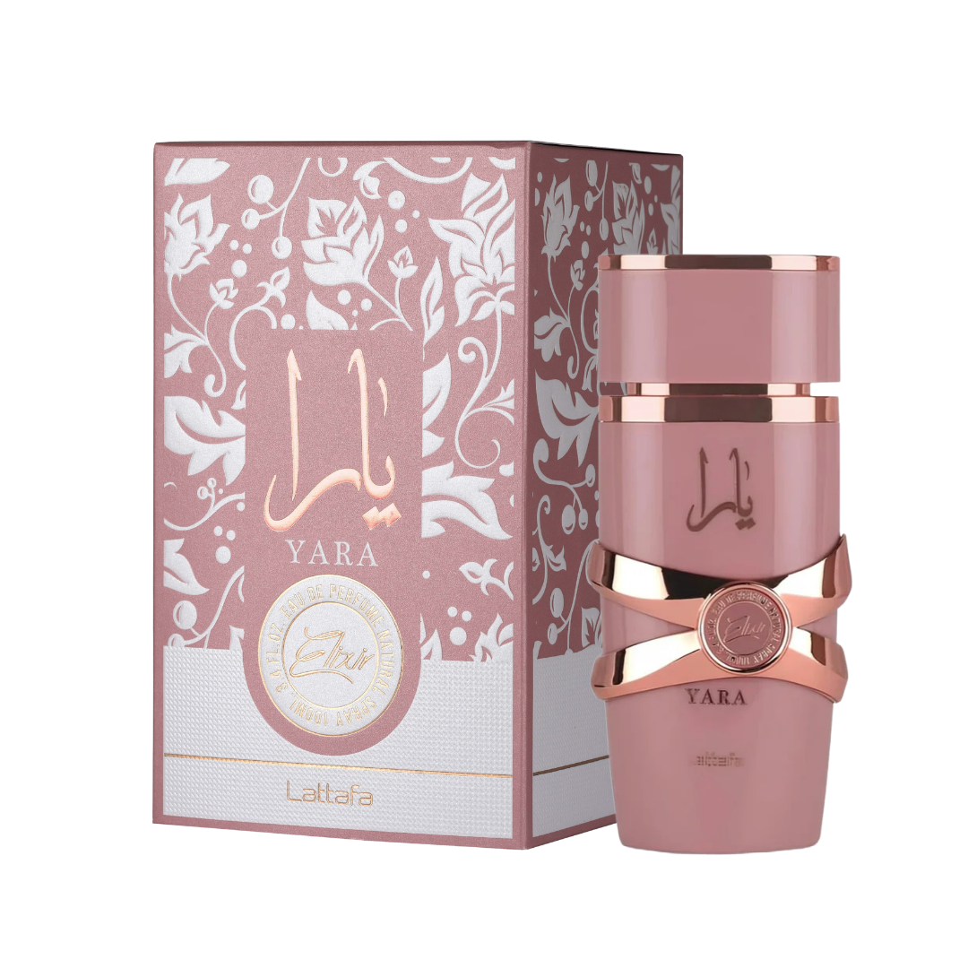 Lattafa Yara Elixir Eau de Parfum for Women, 3.4oz, showcasing the elegant perfume bottle from Arab and oriental fragrances.