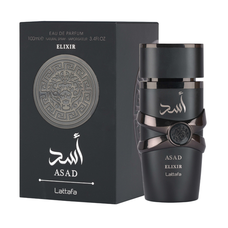 Lattafa Asad Elixir Eau de Parfum for Men, 3.4oz, Arab and Oriental perfume with elegant bottle design.