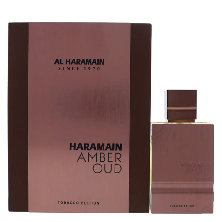 Al Haramain Amber Oud Tobacco Edition unisex perfume bottle with amber and tobacco notes, 2oz, displayed in a sleek glass bottle.