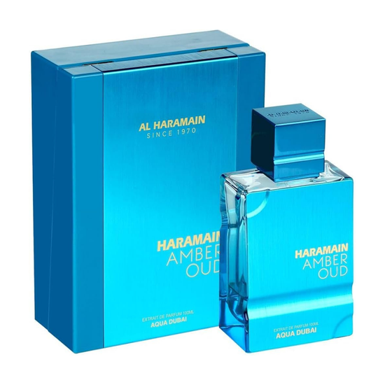 Al Haramain Amber Oud Aqua Dubai Extrait de Parfum for men in 2oz bottle, Arab and oriental perfume with amber and oud notes.