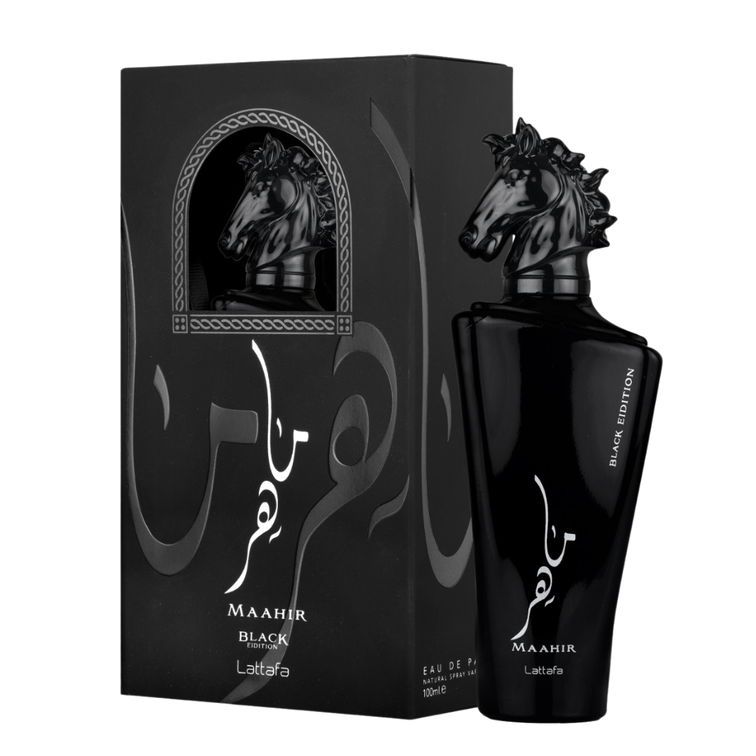 Lattafa Maahir Black Men Eau de Parfum bottle, 3.4oz, with sleek black design and silver accents, for confident men&
