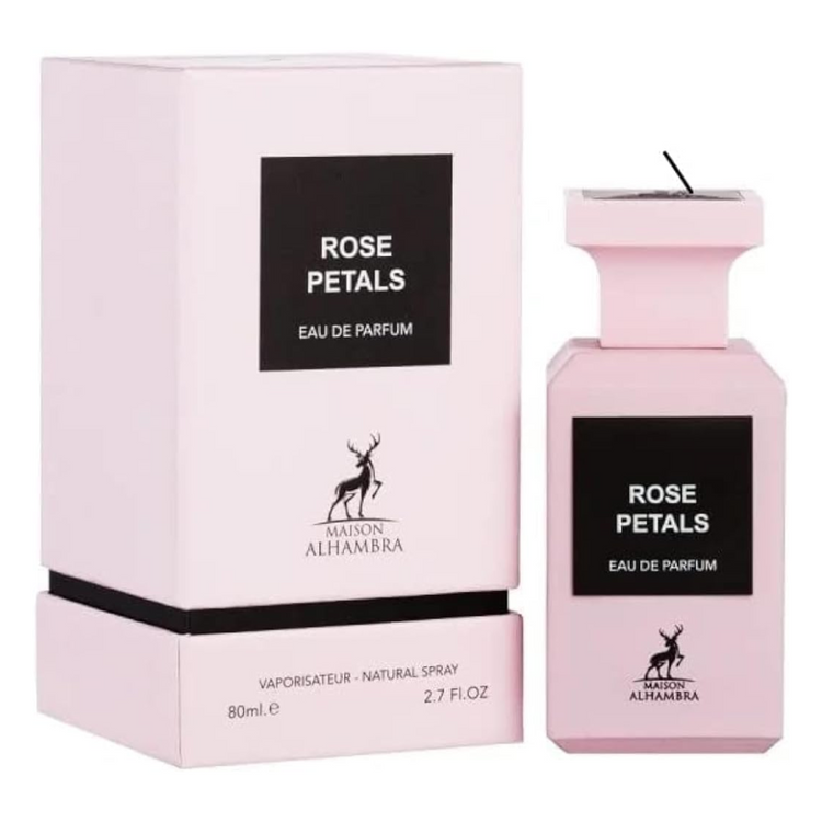 Maison Alhambra Rose Petals Eau de Parfum unisex bottle with rose petals design, 2.7oz, featuring floral and fresh fragrance notes.