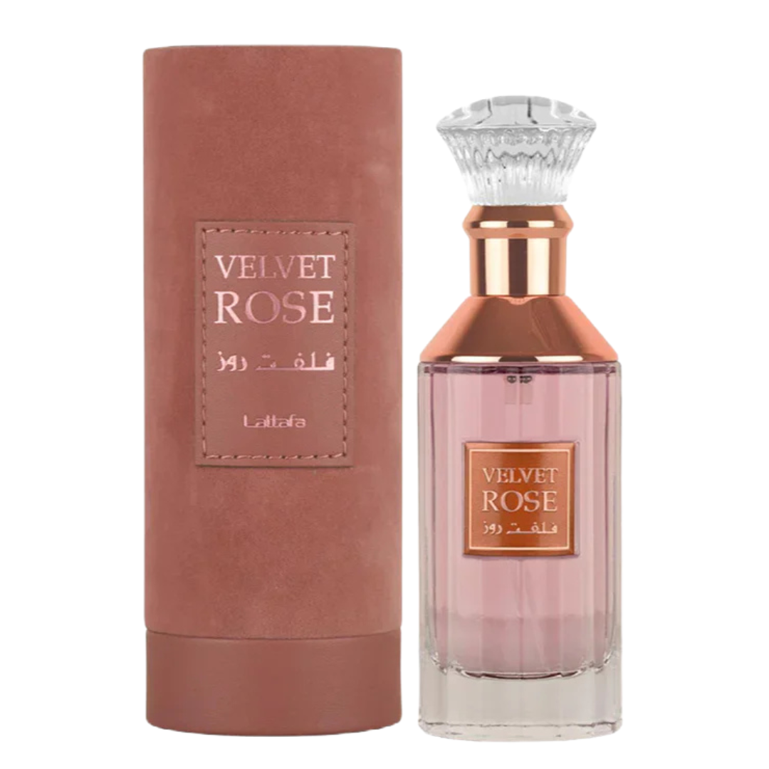 Lattafa Velvet Rose Eau de Parfum spray for women, 3.4oz, featuring a sleek bottle with floral and rose-inspired design.