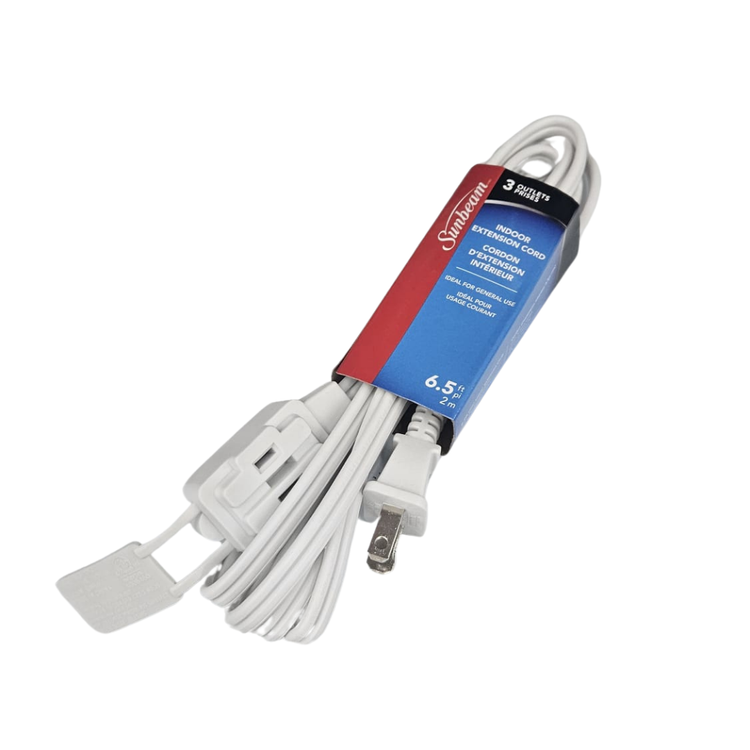 White Sunbeam indoor extension cord with 3 outlets, 6.5 feet long, suitable for indoor electrical connections.