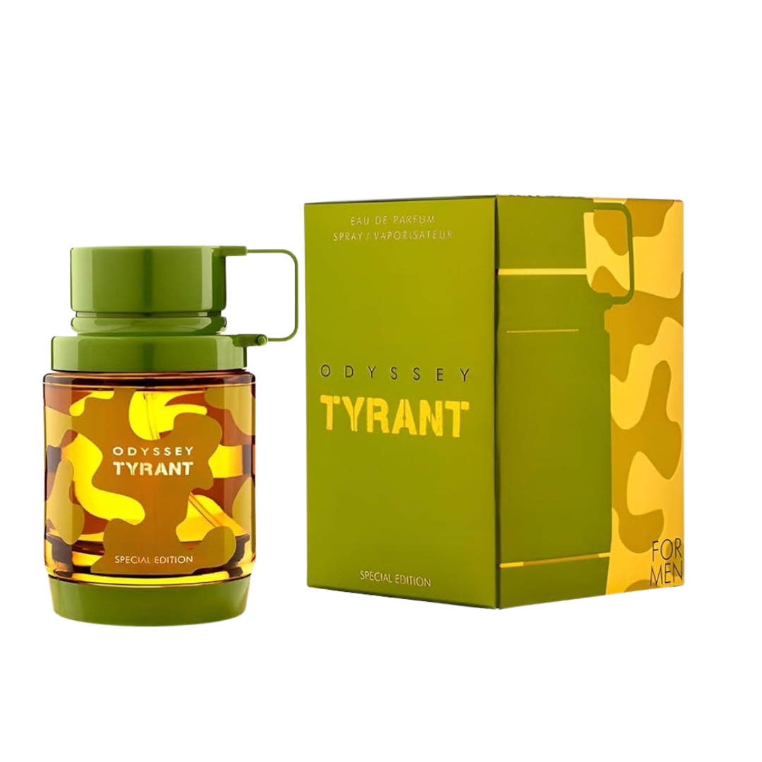 Armaf Odyssey Tyrant Eau de Parfum Spray for Men, 3.4oz bottle, elegant perfume with a sleek design and cap.