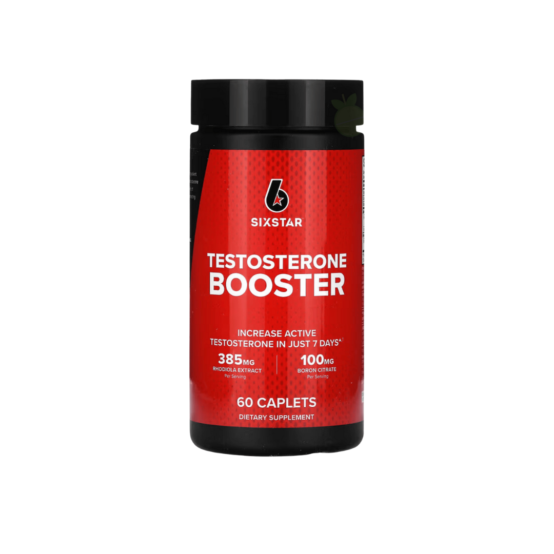 Six Star Testosterone Booster supplement bottle with 60 capsules, showing the label and product packaging.
