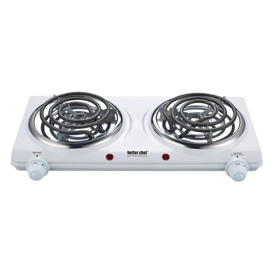 Better Chef dual electric burner IM-302DB with two heating elements, black and silver finish, compact countertop design.