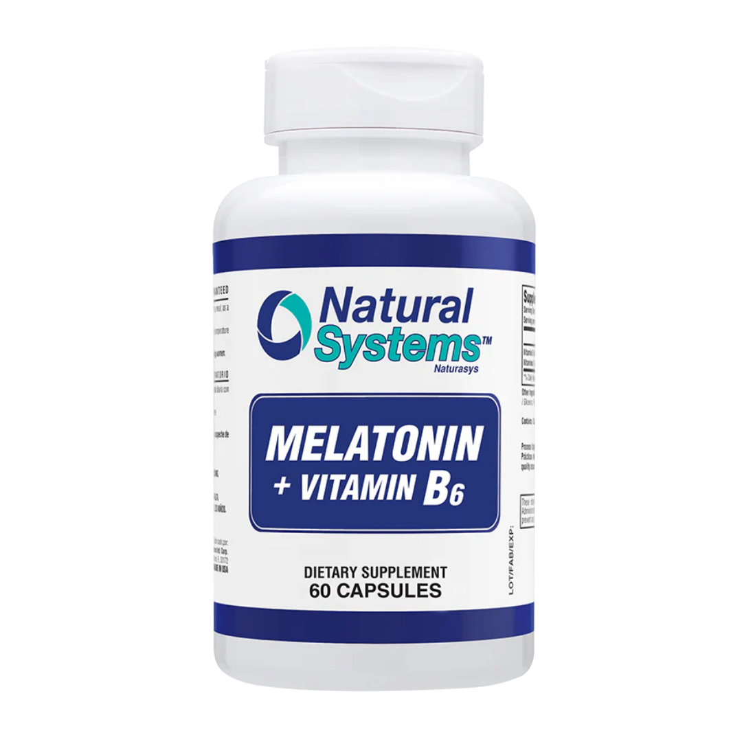Natural Systems Melatonin with B6 tablets by Farmacias Savia, 60 tablets for sleep support, OTC supplement, white bottle with label.