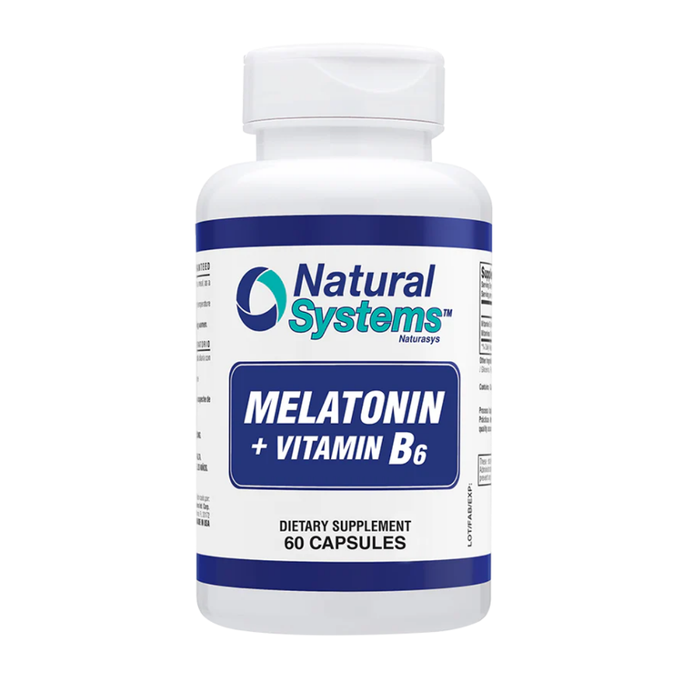 Natural Systems Melatonin with B6 tablets by Farmacias Savia, 60 tablets for sleep support, OTC supplement, white bottle with label.