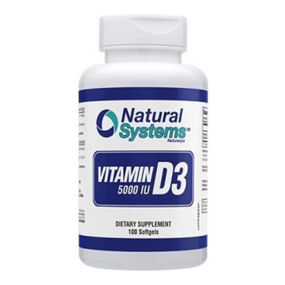 Natural Systems Vitamin D3 supplement bottle with 100 softgels, 5000 IU, from Farmacias Savia.