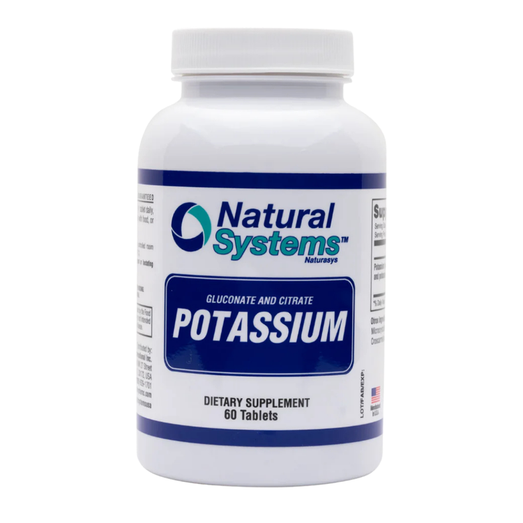 Natural Systems Potassium 60 tablets bottle, OTC supplement from Farmacias Savia, with label showing product name and tablet details.