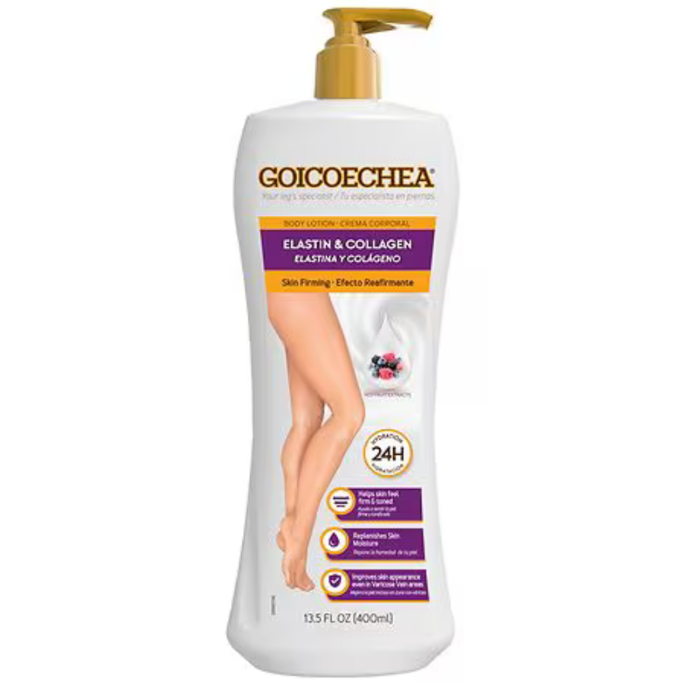 Goicoechea skin firming lotion with elastin, collagen, and Asian extracts, 13.5 oz, featuring a smooth, hydrating texture.