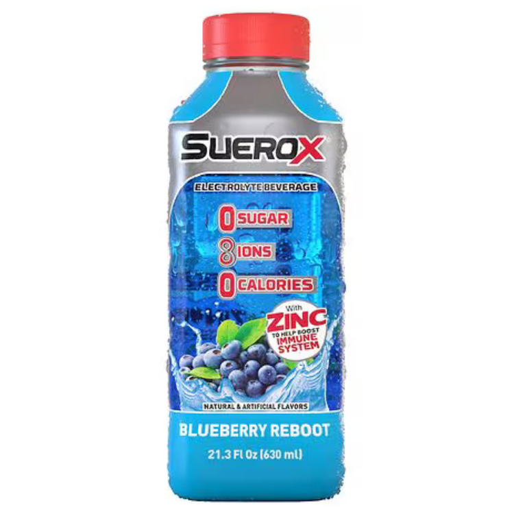 Suerox Zero Sugar Blueberry electrolyte beverage bottle, 21.3oz, by La Comprita, featuring a blue and purple label with blueberries.