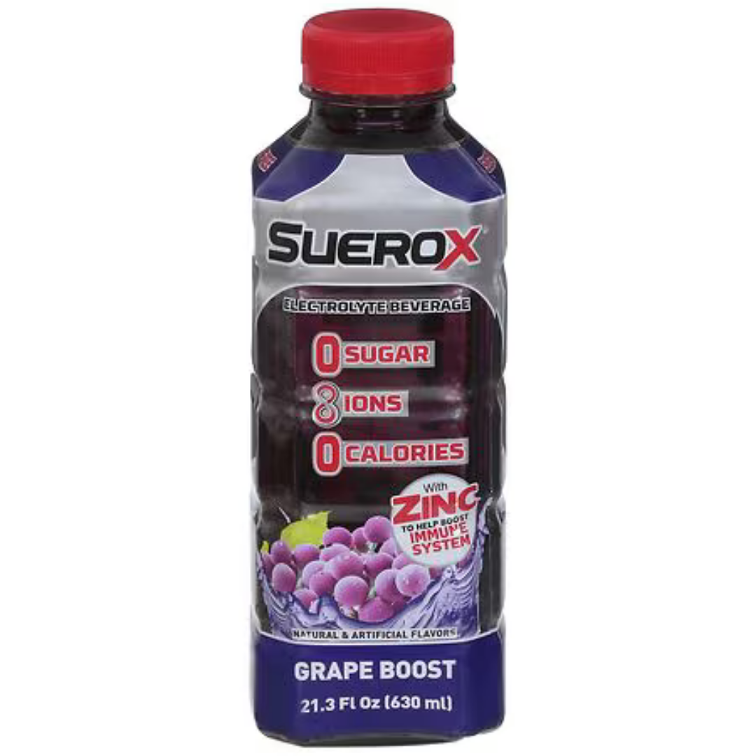 Suerox Zero Sugar Grape electrolyte beverage in a 21.3oz bottle with a purple label, featuring grape imagery and Farmacias Savia branding.