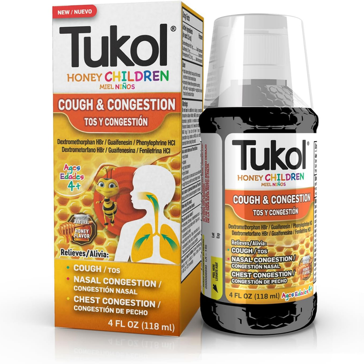 Farmacias Savia Tukol Honey Children’s Cough Relief Syrup bottle, 4oz with label featuring honey and children’s health imagery