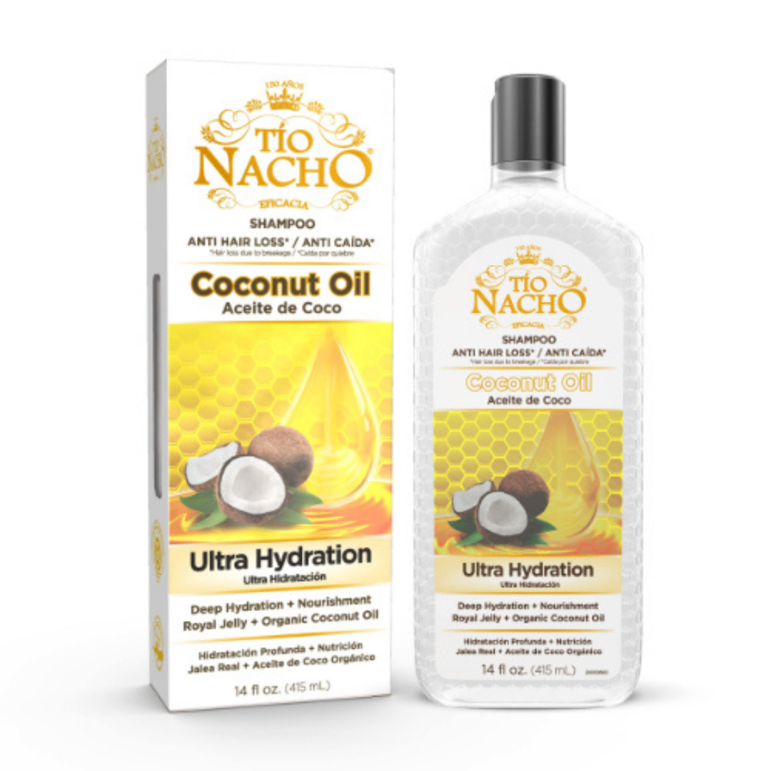 Farmacias Savia Tio Nacho Coconut Oil Ultra Hydration Shampoo in 14oz bottle, showing the shampoo container with coconut oil ingredients.
