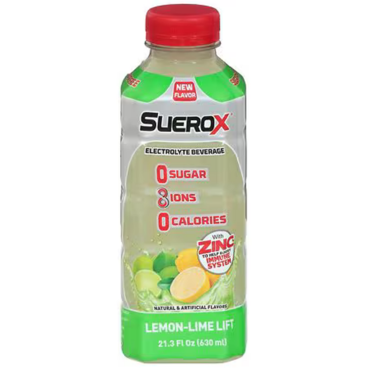Suerox Zero Sugar Lemon-Lime Lift electrolyte beverage bottle by La Comprita, 21.3oz, with lemon and lime flavor.