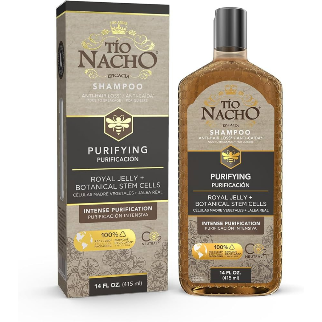Tio Nacho Purifying Shampoo with Royal Jelly and Botanical Stem Cells, 14oz bottle, featuring a clear shampoo with a white cap.
