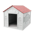 Large outdoor weatherproof plastic dog house with red tile roof, suitable for outdoor pets, by Farmacias Savia.