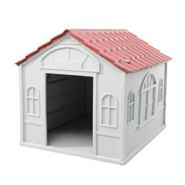 Large outdoor weatherproof plastic dog house with red tile roof, suitable for outdoor pets, by Farmacias Savia.