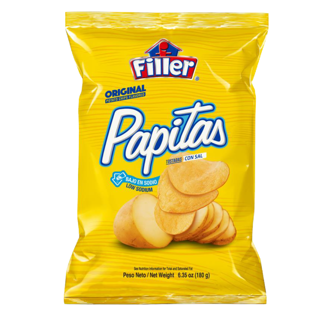 Filler Papas Regular Potato Chips in 6.35oz bag by La Comprita, crispy golden potato chips in a colorful bag.