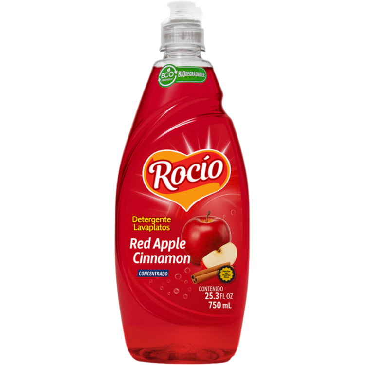 Rocio concentrated dishwashing liquid in red apple cinnamon scent, 25.3oz, with a red and cinnamon-themed label.