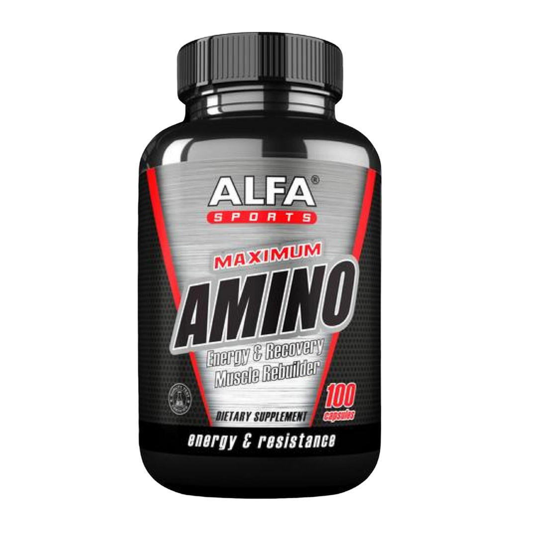 Alfa Sports Maximum Amino Energy & Recovery capsules by Farmacias Savia, 100 capsules for athletic performance support.