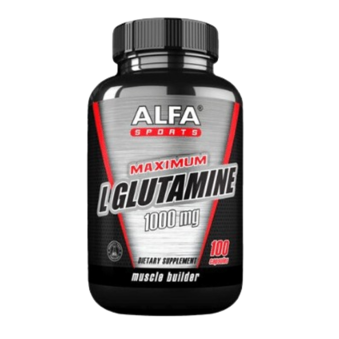 Alfa Max L-Glutamine Capsules, 100-count dietary supplement in white capsules, designed for muscle recovery and immune support.