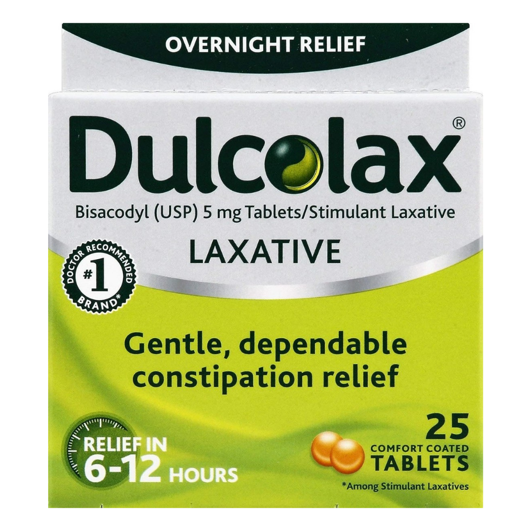Dulcolax stimulant laxative comfort coated tablets in a 25-count blister pack, used for gentle bowel relief.