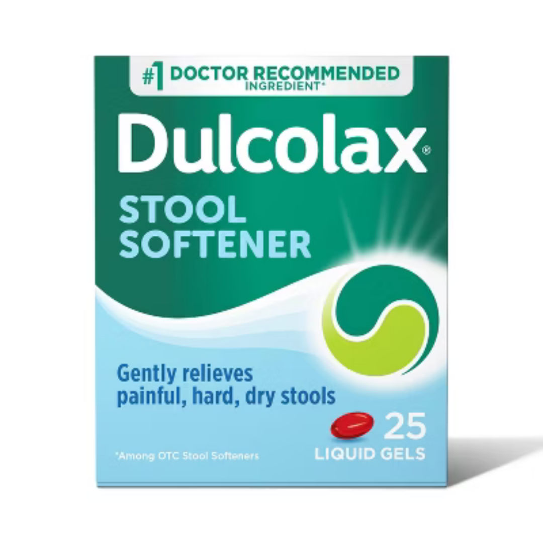 Dulcolax Stool Softener Liquid Gels by Farmacias Savia, stimulant-free laxative, 25-count blister pack, soft gel capsules.