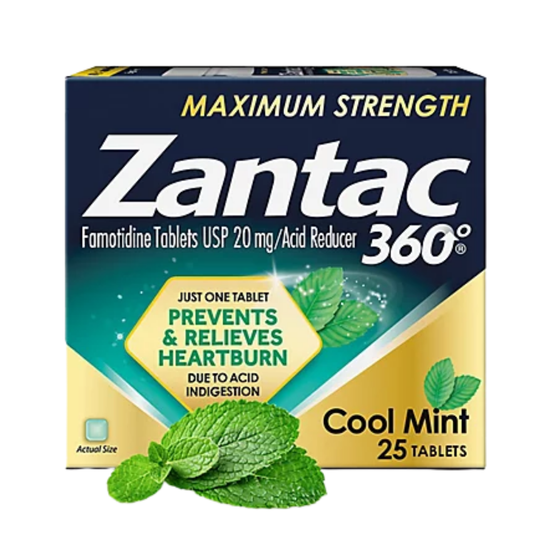 Zantac 360 Cool Mint acid reducer tablets by Farmacias Savia, 25-count bottle with mint-flavored tablets on a white background.