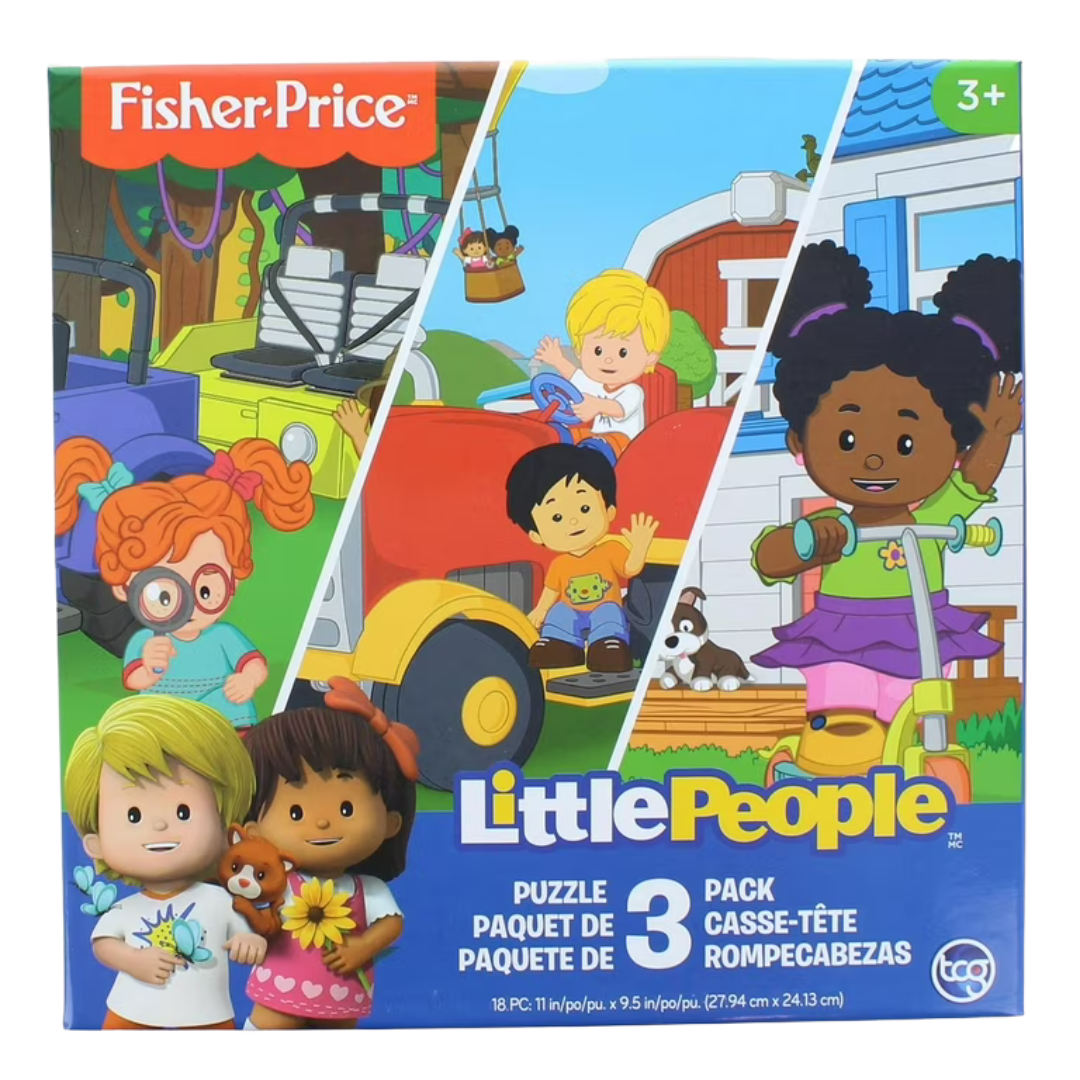 Fisher-Price Little People 3-Pack Puzzle Set for ages 3 and up, featuring colorful farm-themed puzzle pieces.